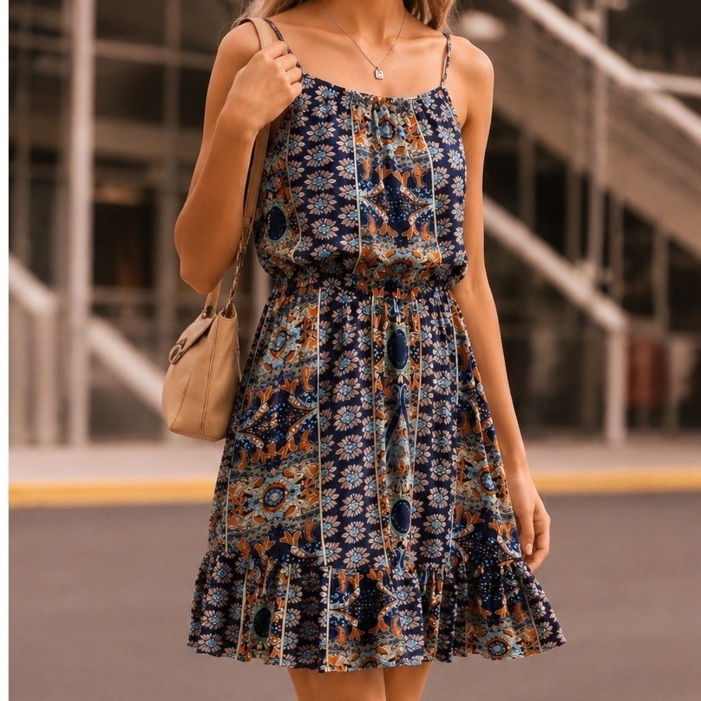 Boho Paisley Floral Ruffle Hem Sundress Navy Orange XL Festival Casual